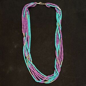 Vintage 80’s Multi-Strand Purple & Teal Wood Beaded Necklace